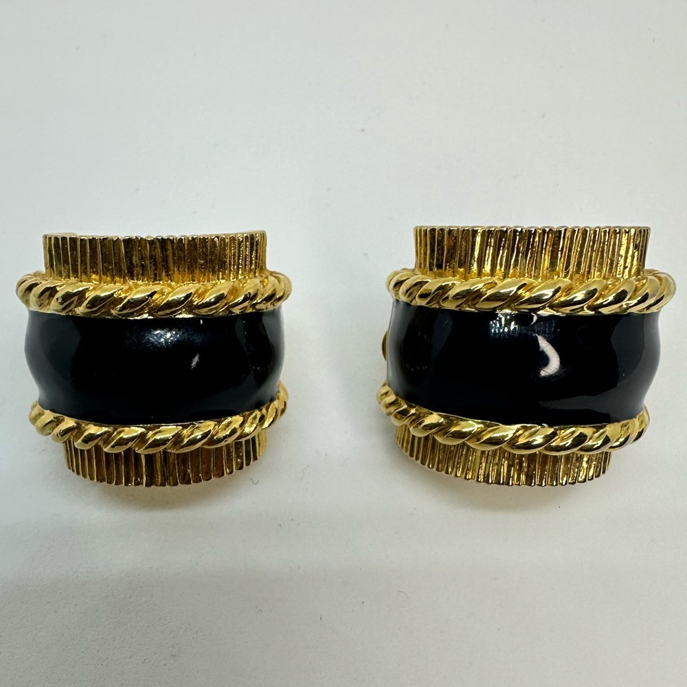 Vintage St John Clip-on Earrings Black Enamel Gold-tone